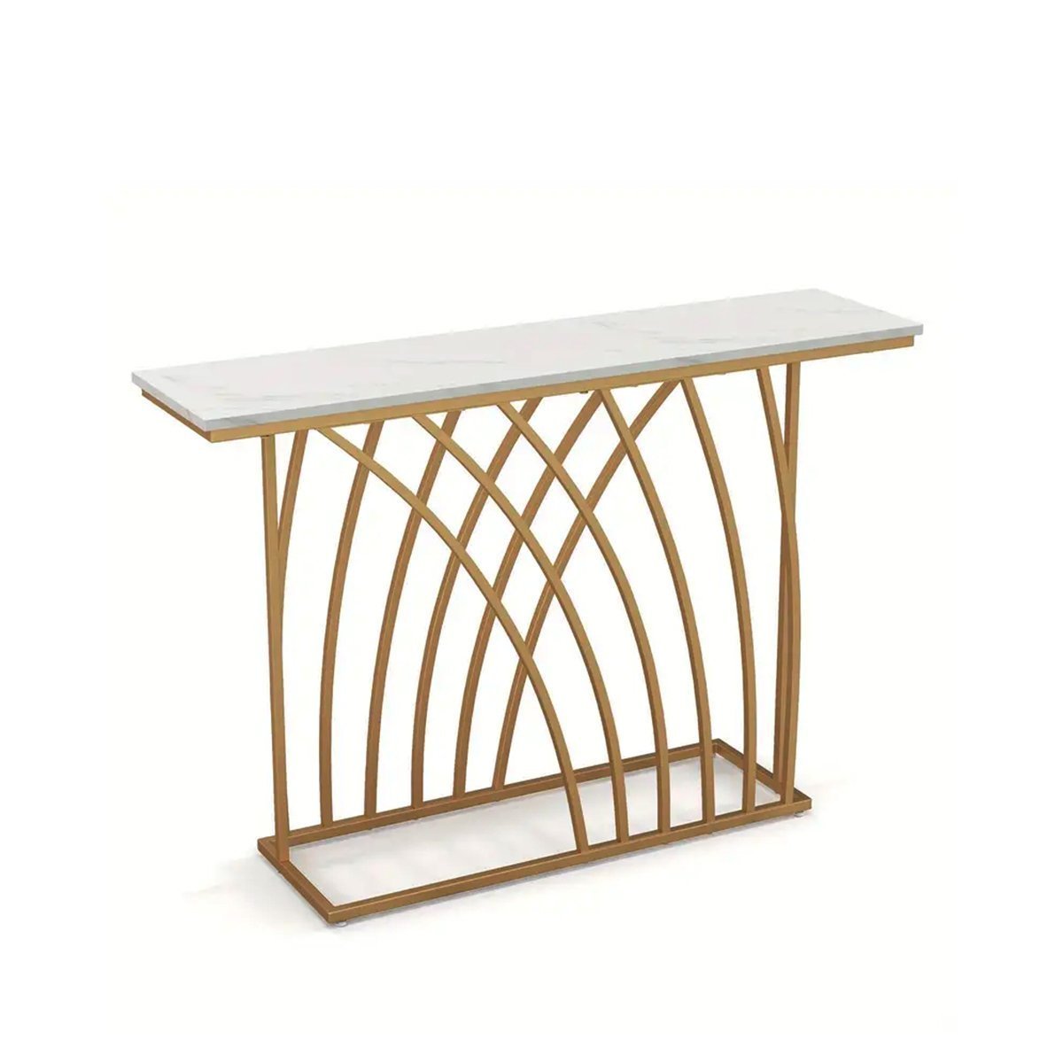 TANGKULA 48"/120cm Gold Console Table, Modern Entryway Table with White Faux Marble Tabletop