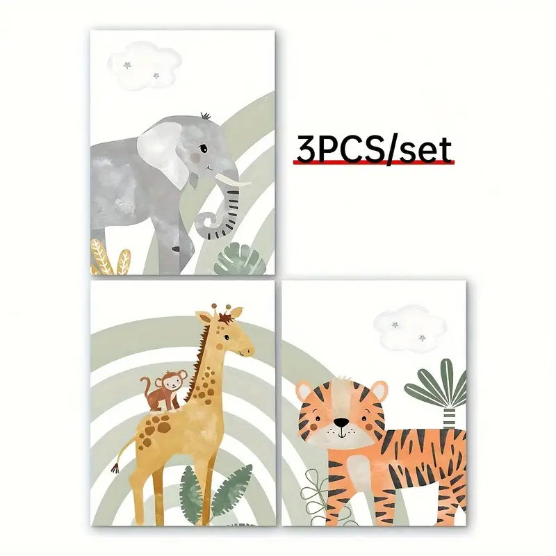 Cute Safari Animal Framed Canvas Wall Art Set, Jungle Theme Watercolor Nursery Wall Art Prints - Image 2