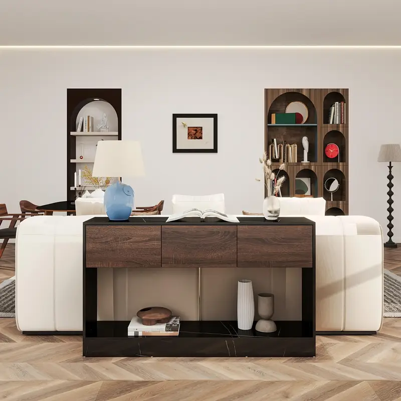 Elegant Black Marble Console Table with Storage - 51" Long, Narrow Entryway Design, Classic Style, Wood Construction - Image 4