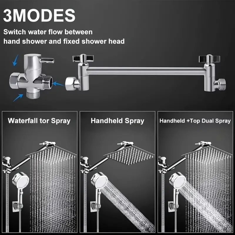 Shower Head, 12 Inch High Pressure Rainfall Shower Head/Handheld Shower Combo with 11 Inch Extension Arm, 9 Settings Adjustable Anti-leak Shower Head with Holder/Hose, Height/Angle Adjustable - Image 3