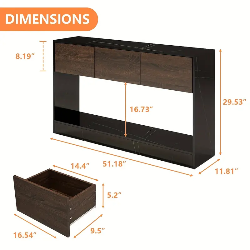 Elegant Black Marble Console Table with Storage - 51" Long, Narrow Entryway Design, Classic Style, Wood Construction - Image 2