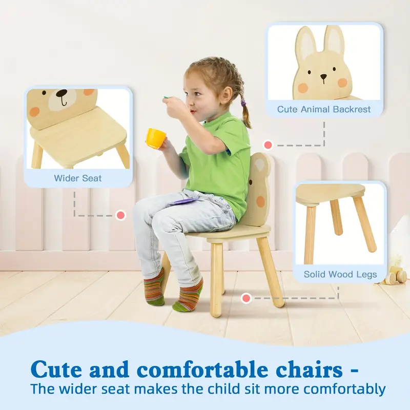 Kids Wood Table And Chair Set - Including 2 Animal Chairs - Waterproof Desktop - Image 3