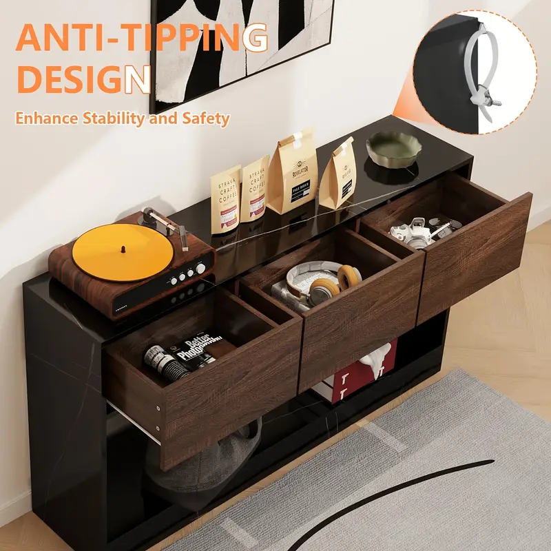 Elegant Black Marble Console Table with Storage - 51" Long, Narrow Entryway Design, Classic Style, Wood Construction - Image 3